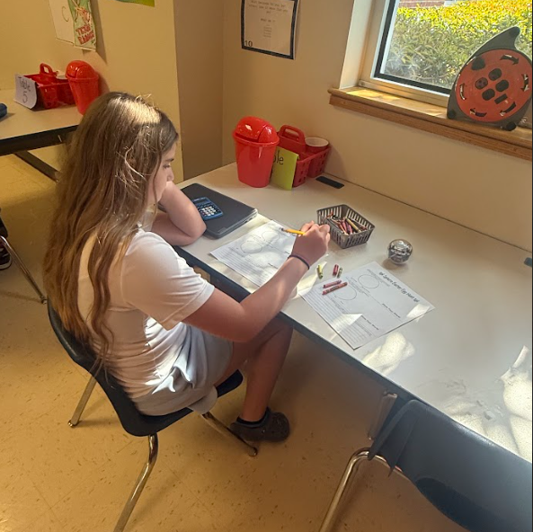 student working on math at table