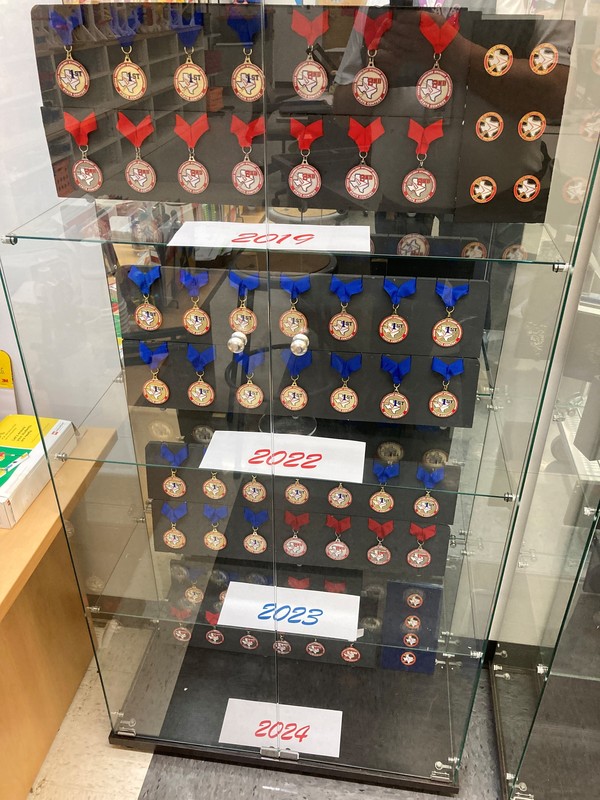 trophy case with medals and ribbons