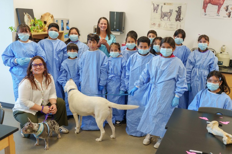 elementary kids dressed in blue scrubs and masks