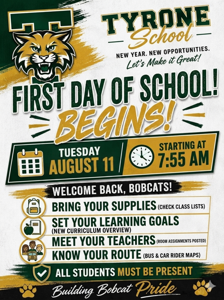 First Day of School is August 11th, starting at 7:55 am