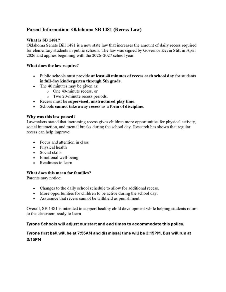 Post shows information on the State Bill 1481 (Recess Law) and the affects on the school start and dismissal times.