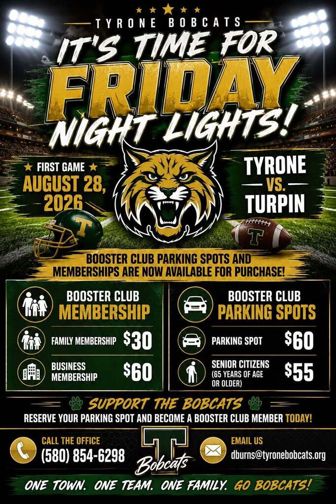 Image shows a poster with the date of the first High School football game on August 28th. It also shows booster club membership information. Membership fees are $30 for families or $60 for businesses and parking spots for football games will cost $60 or $55 for senior citizens.