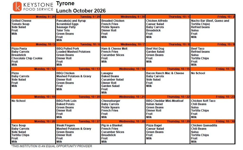 October Lunch Menu