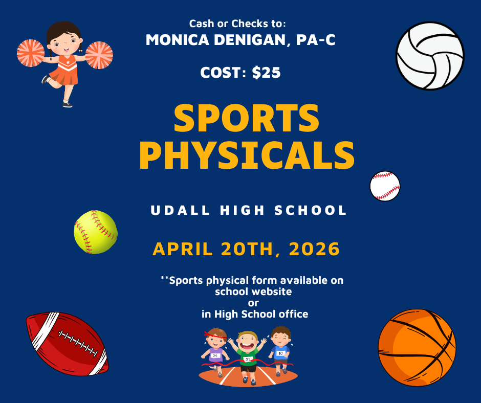 Sports Physical Forms in High School Office. Physicals on Monday, April 20th, 2026.