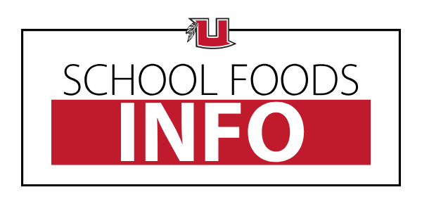 A red, white, and black graphic that says School Foods Info and includes the Uintah U logo