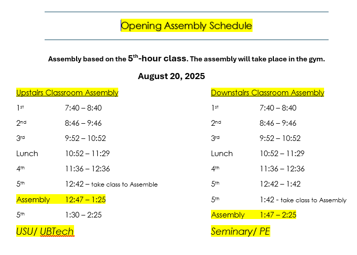 UHS Opening Assembly Schedule for Aug 20, 2025