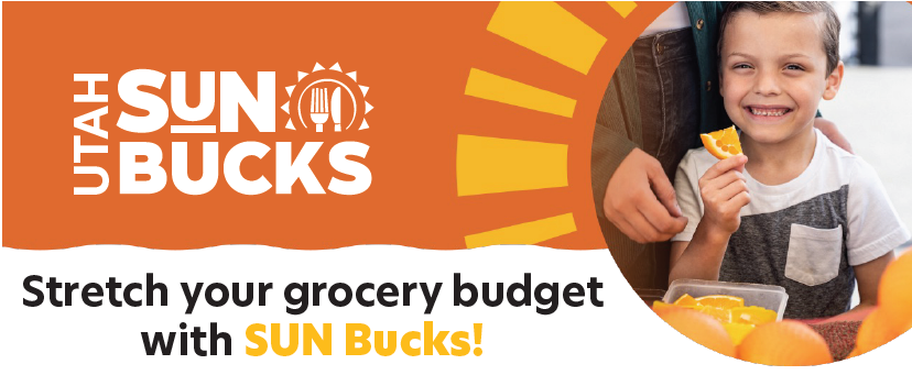 Utah Sun Bucks graphic with child holding an orange slice
