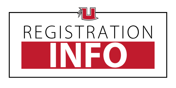 Red, white and black graphic with the words Registration Info and the Uintah U logo