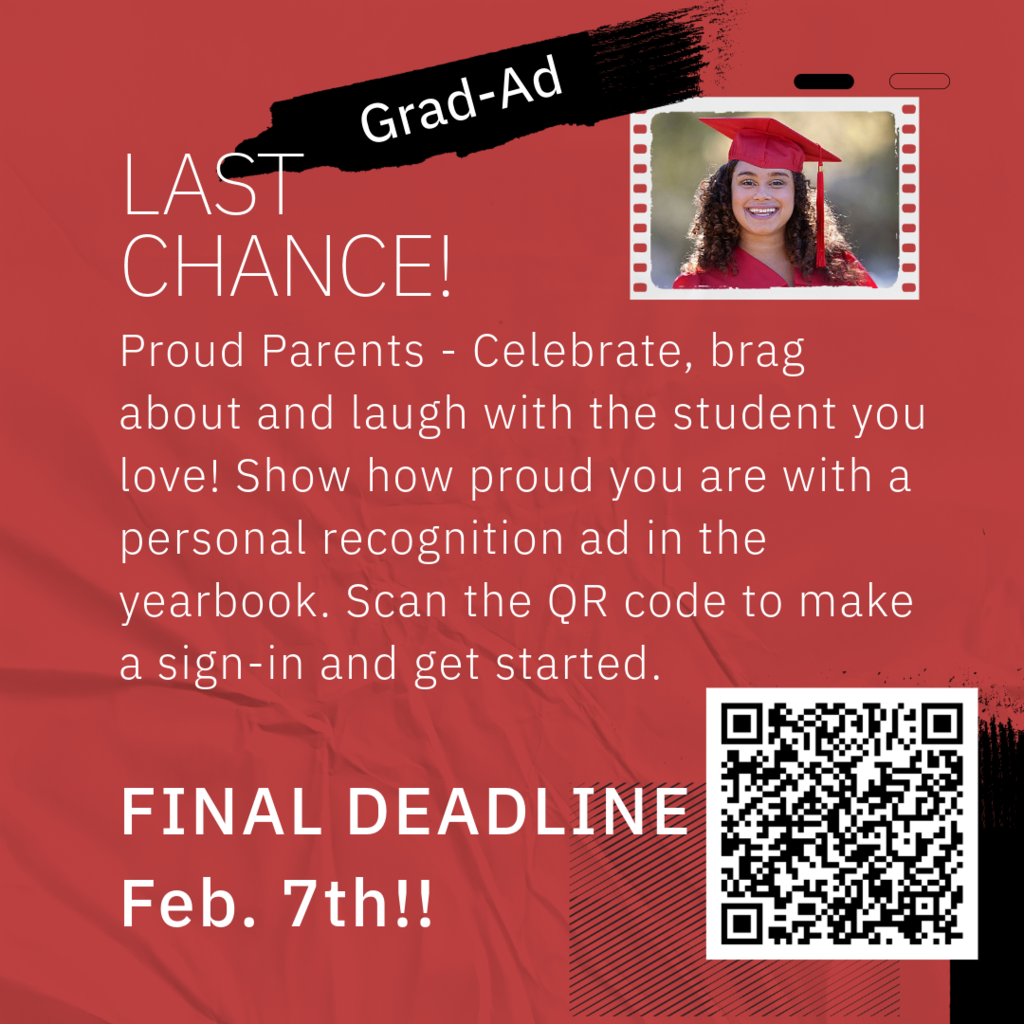 White text on a red background advertising yearbook ads for graduates with a photo of a female in cap and gown in the right upper corner