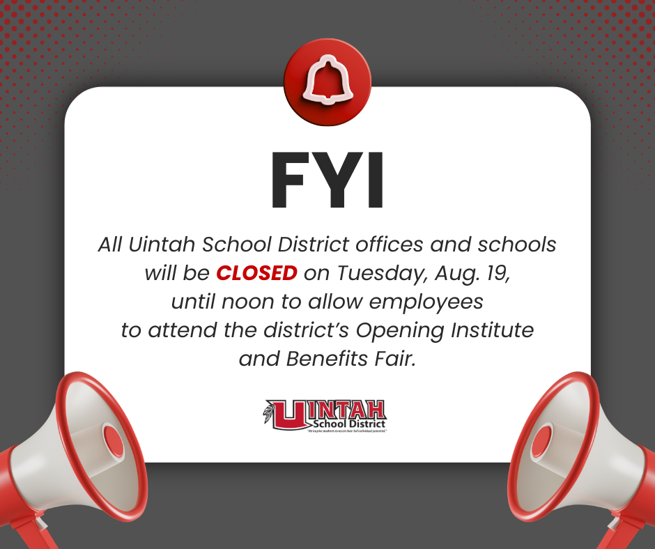 Social media graphic with a bell icon at the top and two megaphones at the bottom, and dark gray text on a white background announcing the closure of all district buildings and schools on Aug. 19 until 10 a.m.