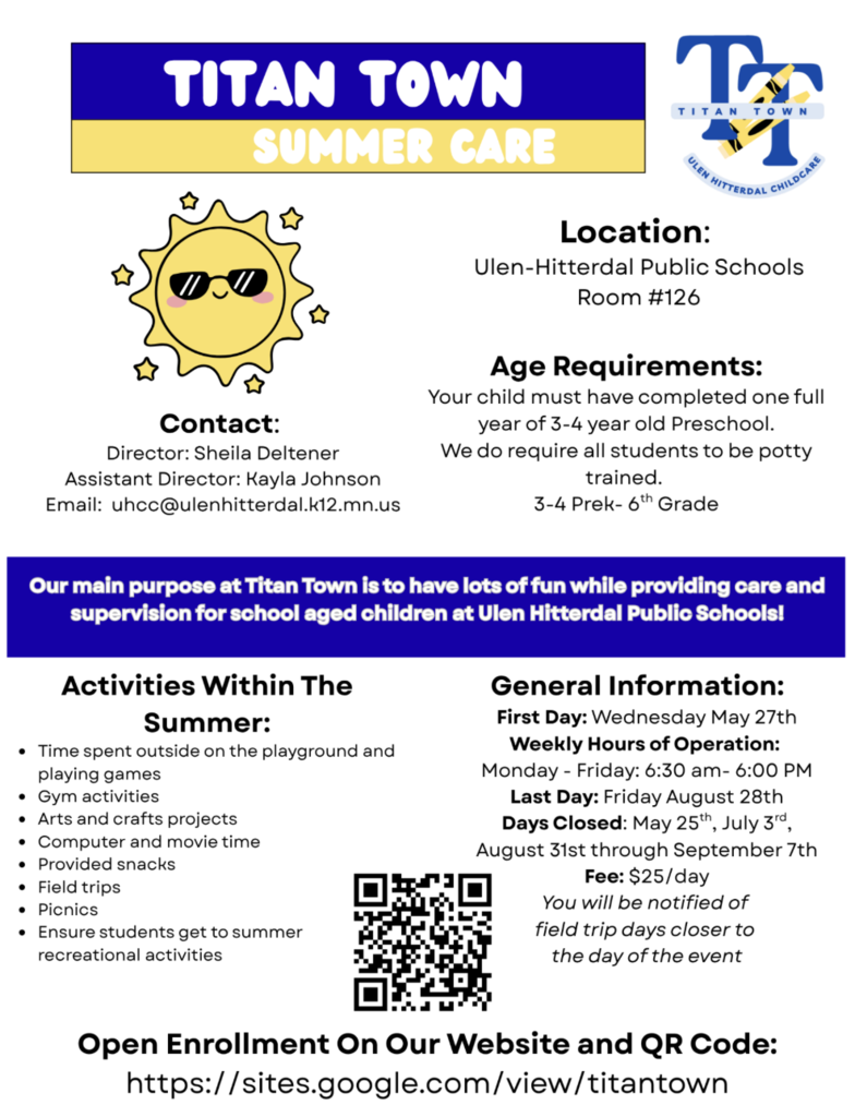 If you have need for summer care for your child/children, please see the attached flyer for Titan Town Summer Care.