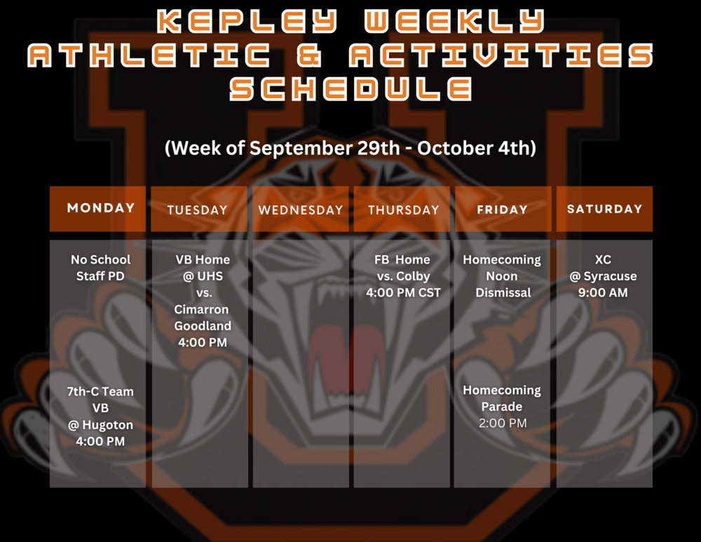 KMS Weekly Athletic & Activity Calendar
