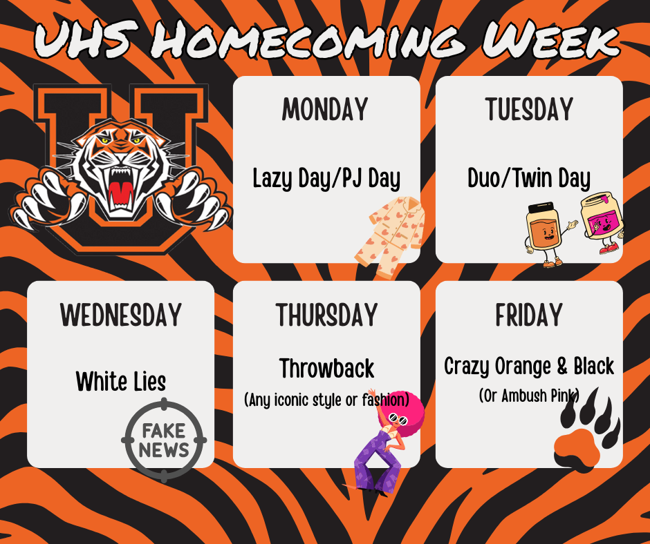 The image is an infographic displaying the Homecoming theme days for Homecoming week
