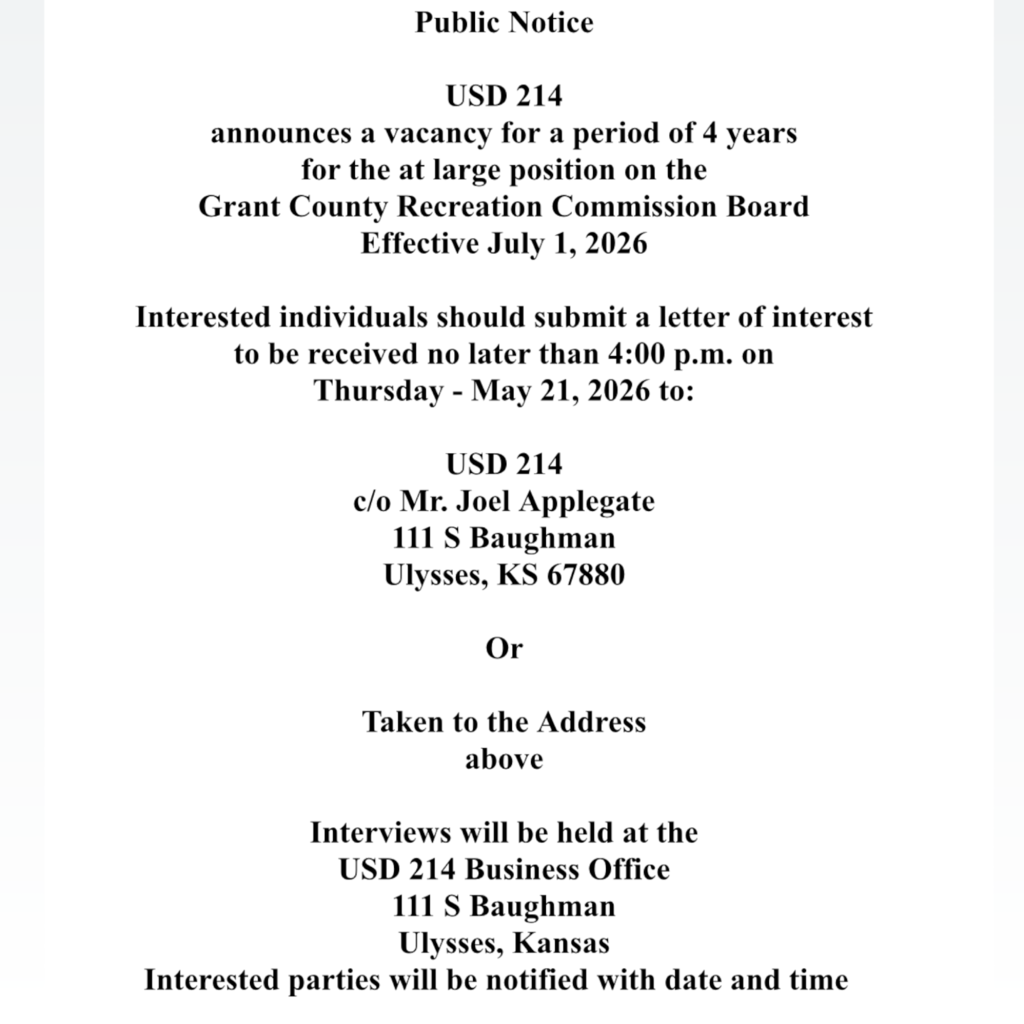 Public Notice - Vacancy on Grant County Recreation Commission Board