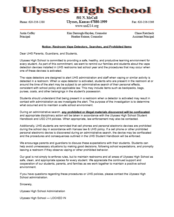 The image is of a letter to parents about vape detectors at UHS.