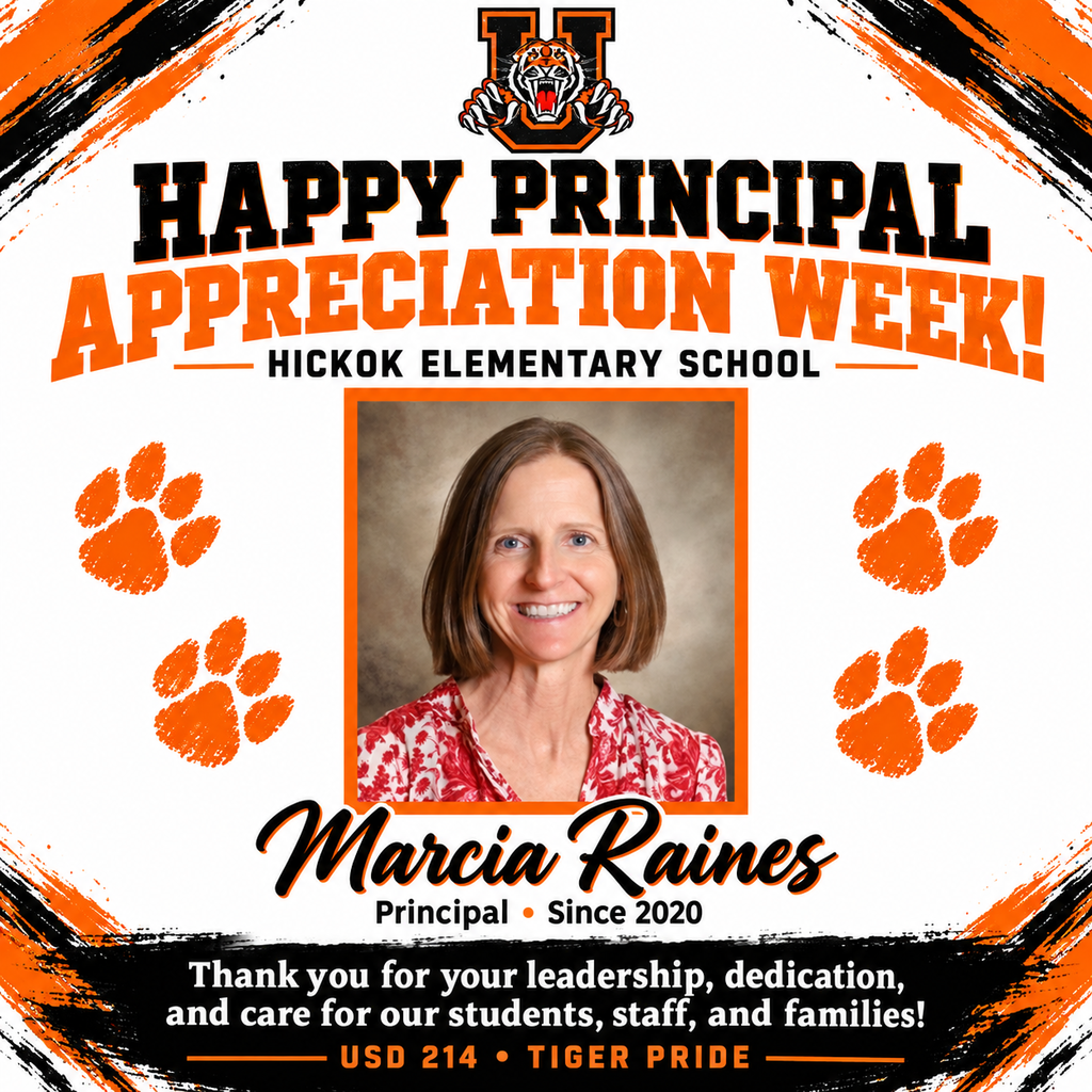 🐾 Celebrating Principal Appreciation Week at Hickok Elementary School! 🐾  Today, we recognize **Marcia Raines, Principal since 2020**!  Thank you for your dedication to our students, staff, and families. Your leadership and encouragement help our youngest Tigers build confidence, discover a love of learning, and grow each day.  Join us in thanking Mrs. Raines for all she does for Hickok Elementary School! 🐾  #PrincipalAppreciationWeek #HickokElementary #USD214 #TigerPride