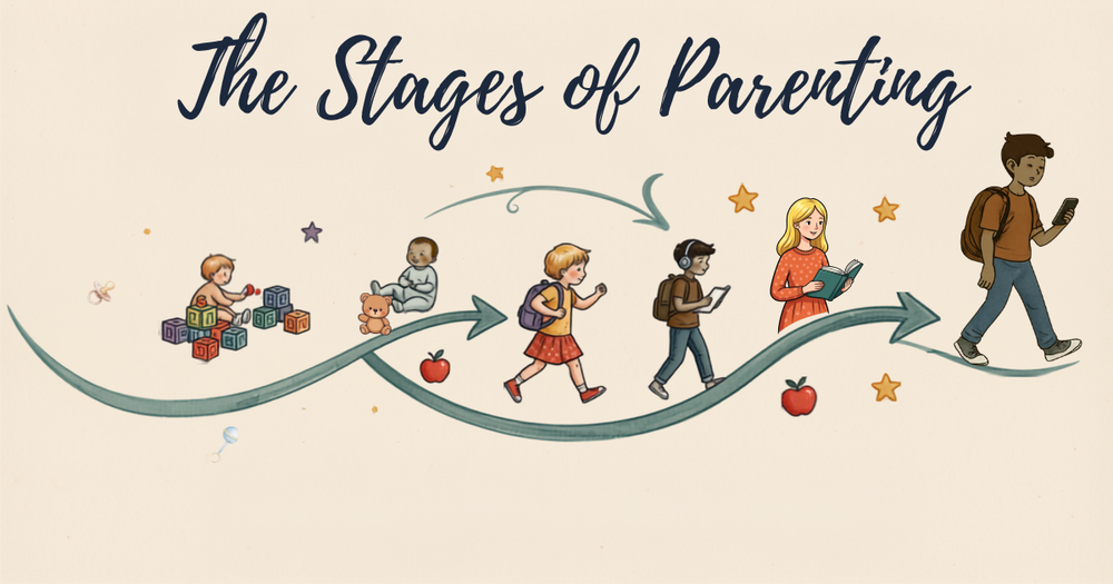 girl and boy growing up from baby to teens, text says "The stages of Parenting"