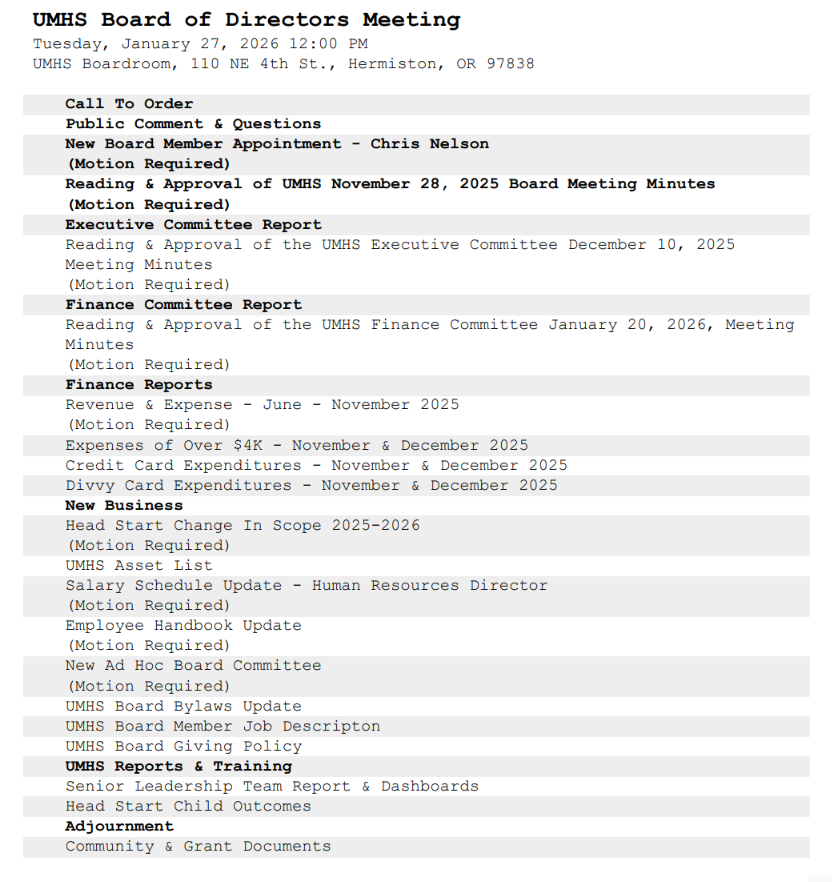 Board meeting agenda January 2026