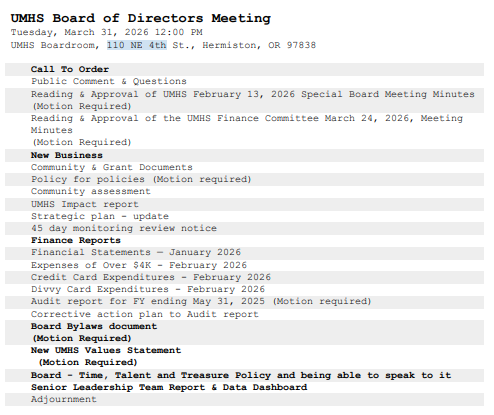 Board meeting agenda March 2026