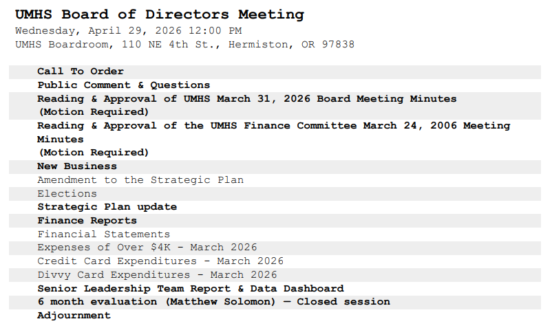 Board meeting agenda April 2026