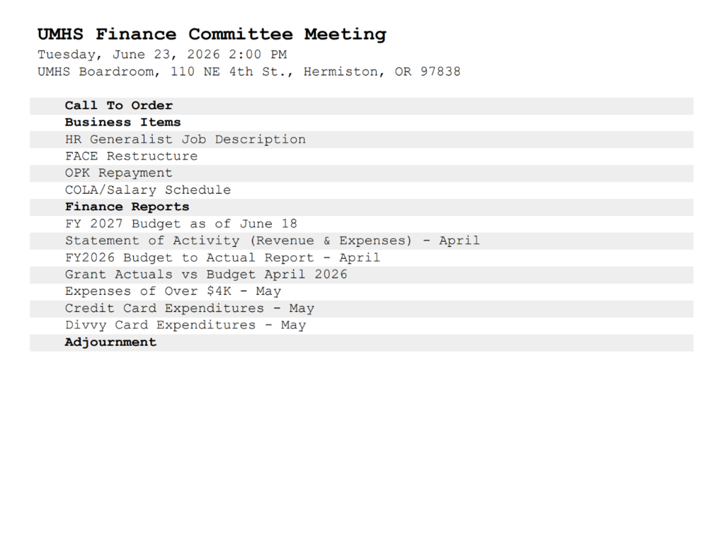 June Finance Committee Meeting Notice Agenda