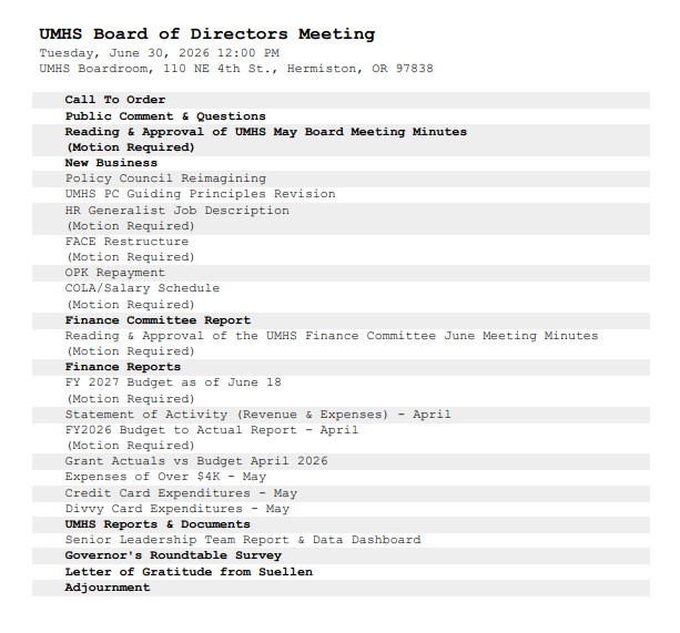 June Board of Directors Meeting Agenda