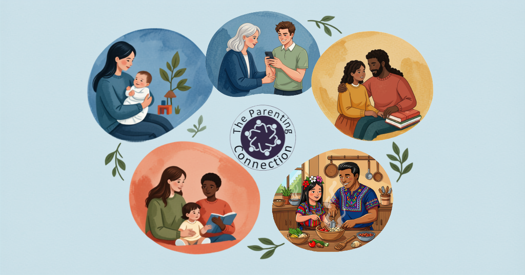 Variety of parents with their children who are also varying ages. Families are reading, looking at phones, cuddling baby, and cooking