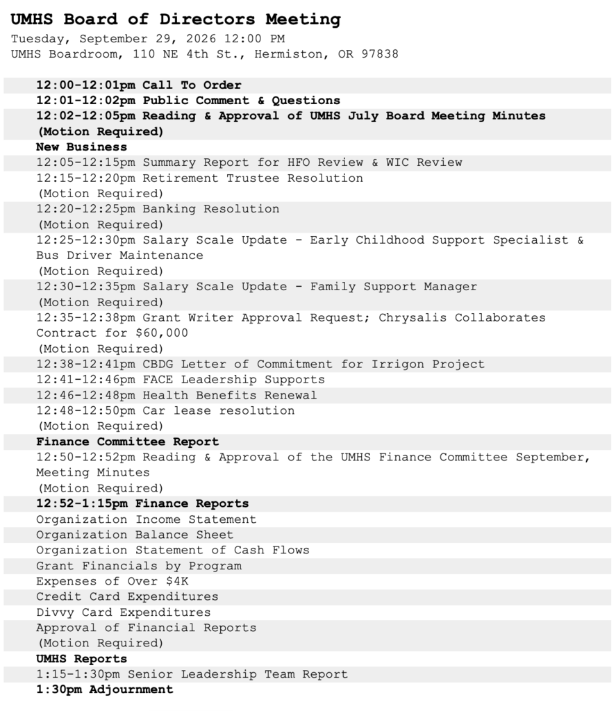 UMHS Board of Directors Meeting Agenda September 2026