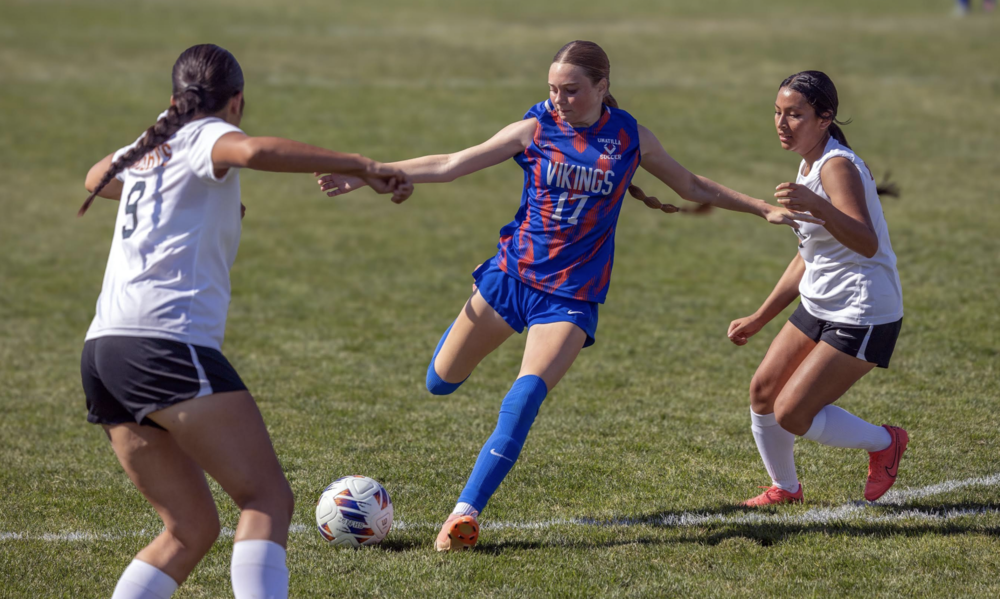 Photo by Kathy Aney Umatilla's Evelyn Christensen (17) shoots on goal as Irrigon defenders Berenice Perez (9) and Dayanara Negrete move in on Sept. 27, 2025, in Umatilla.