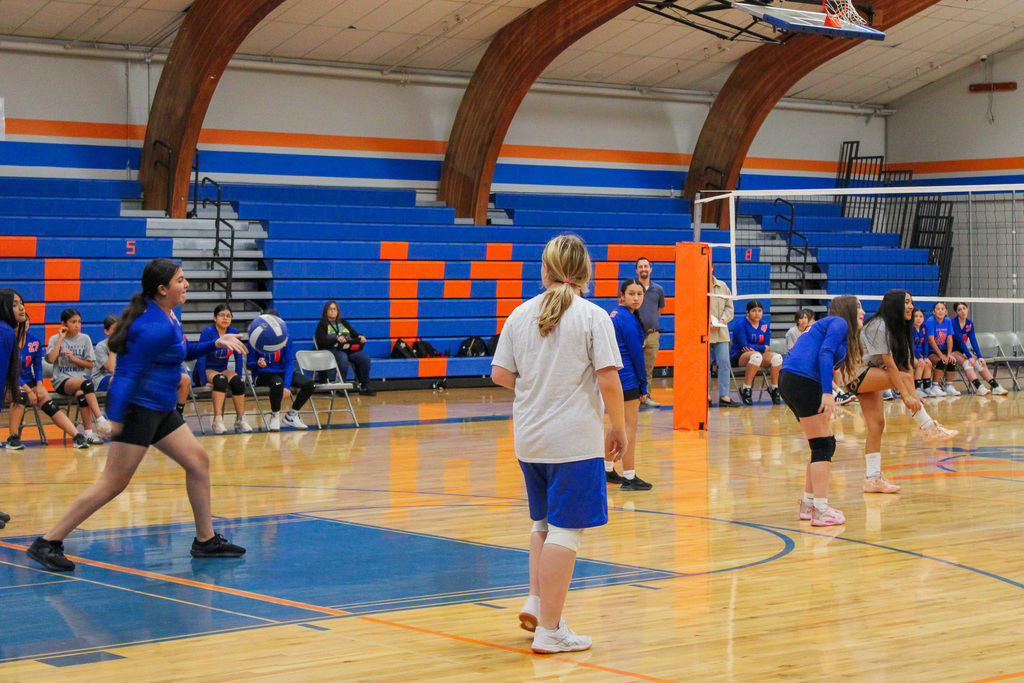 Volleyball players playing a game of volleyball against each other