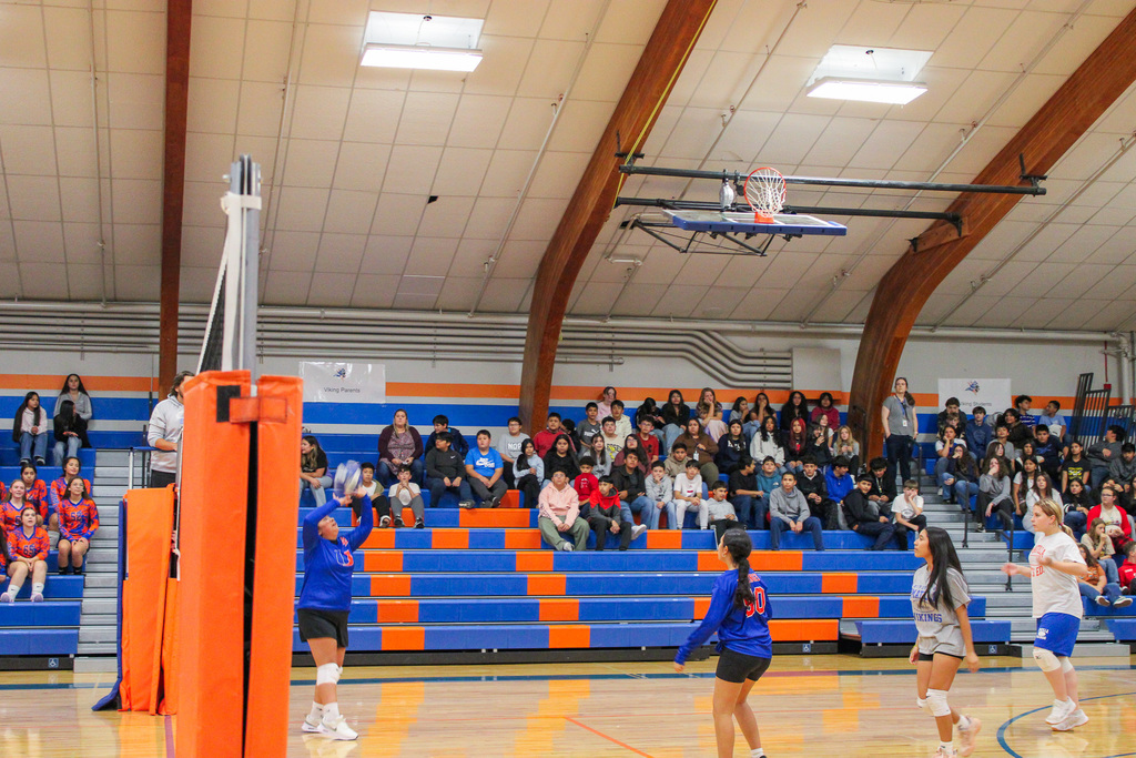 Volleyball players playing a game of volleyball against each other