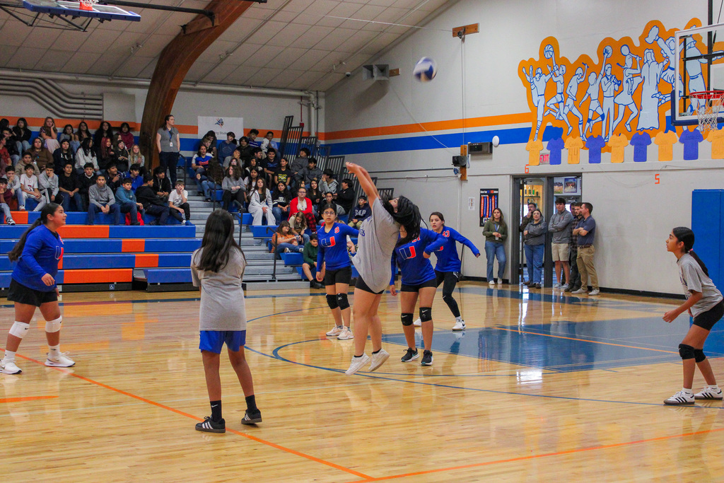 Volleyball players playing a game of volleyball against each other