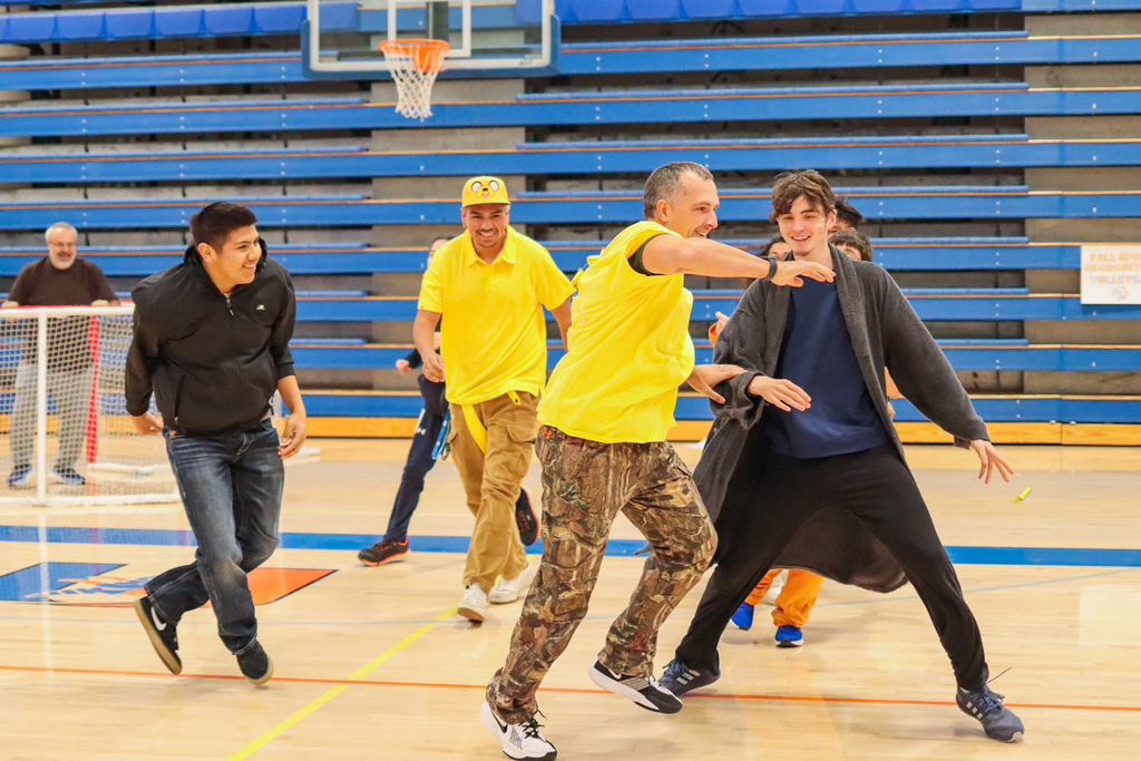 photo of students participating in assembly game