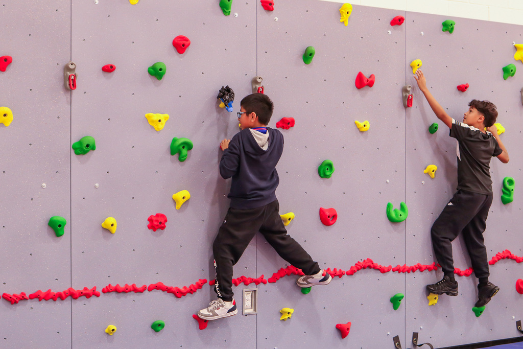 students climbing the rock wall