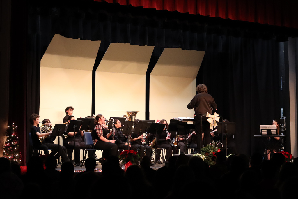Photo of middle school band playing their instruments 