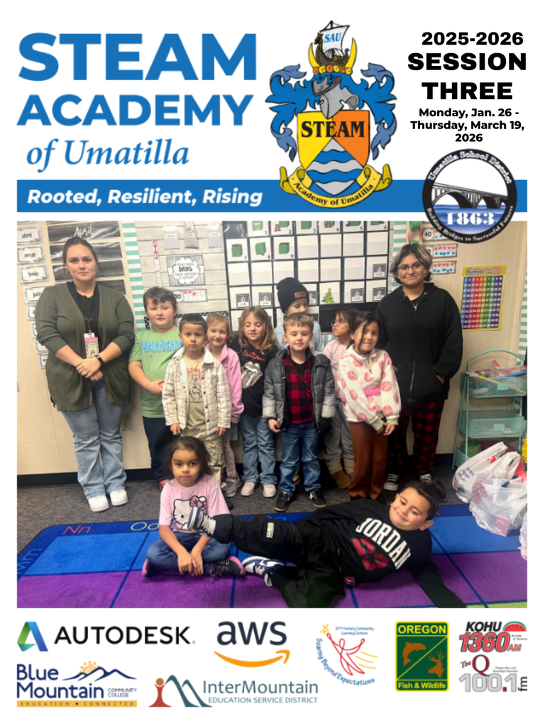 STEAM Academy of Umatilla Rooted, Resilient, Rising 2025-2026 Session Three Monday, Jan. 26 - Thursday, March 19, 2026 Autodesk sponsor logo Blue Mountain Community College Logo Intermountain Education Service District logo AWS logo 21st Century Community Learning Grant Logo Oregon Fish & Wildlife Logo KOHU  Logo 