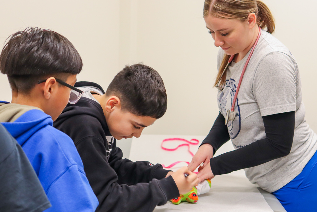 students measuring length of teddy bear