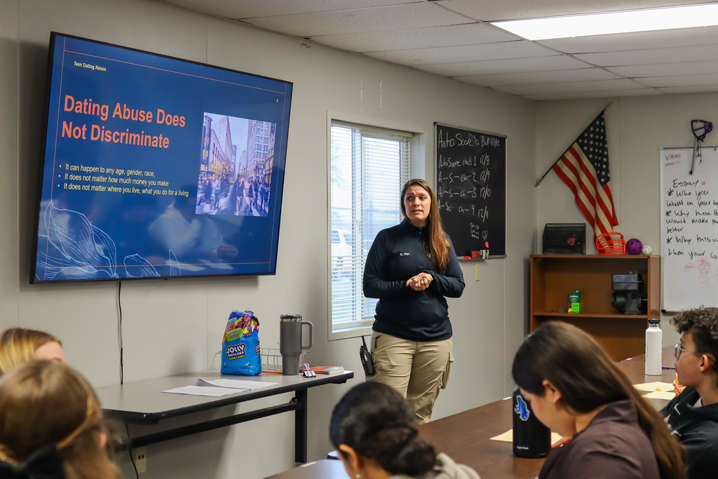 Michelle speaking to students