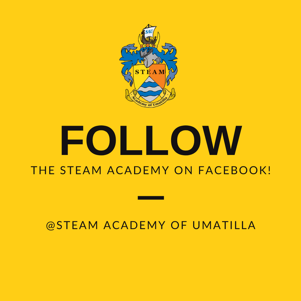 STEAM Academy of Umatilla logo. Follow the STEAM Academy on Facebook @STEAM Academy of Umatilla