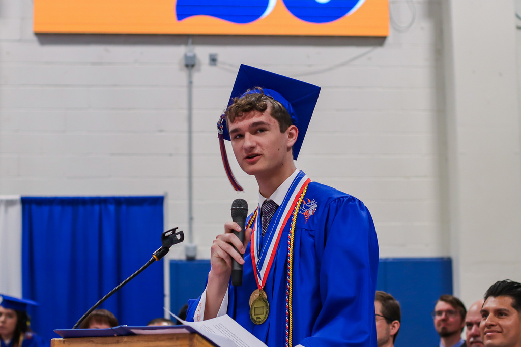 Valedictorian Tanner Daniel giving his speech