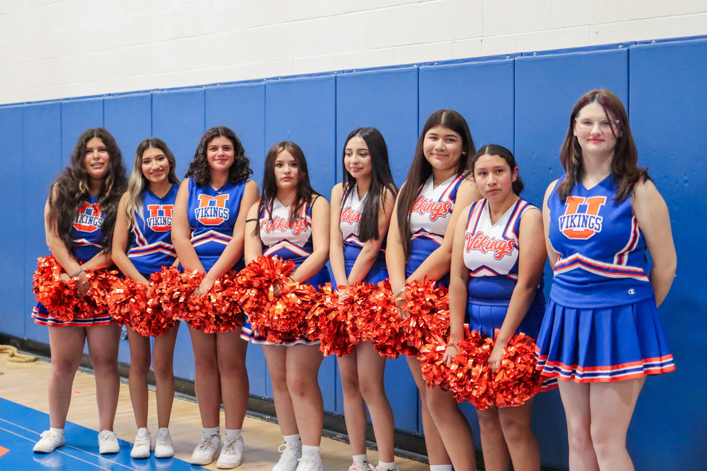 Cheer squad leading the freshman orientation assembly 