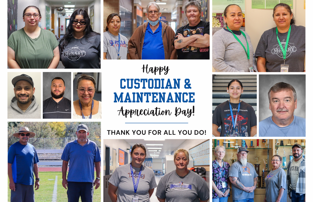 Happy Custodian & Maintenance Appreciation Day! Thank you for all you do! Photo collage of all custodial and maintenance staff