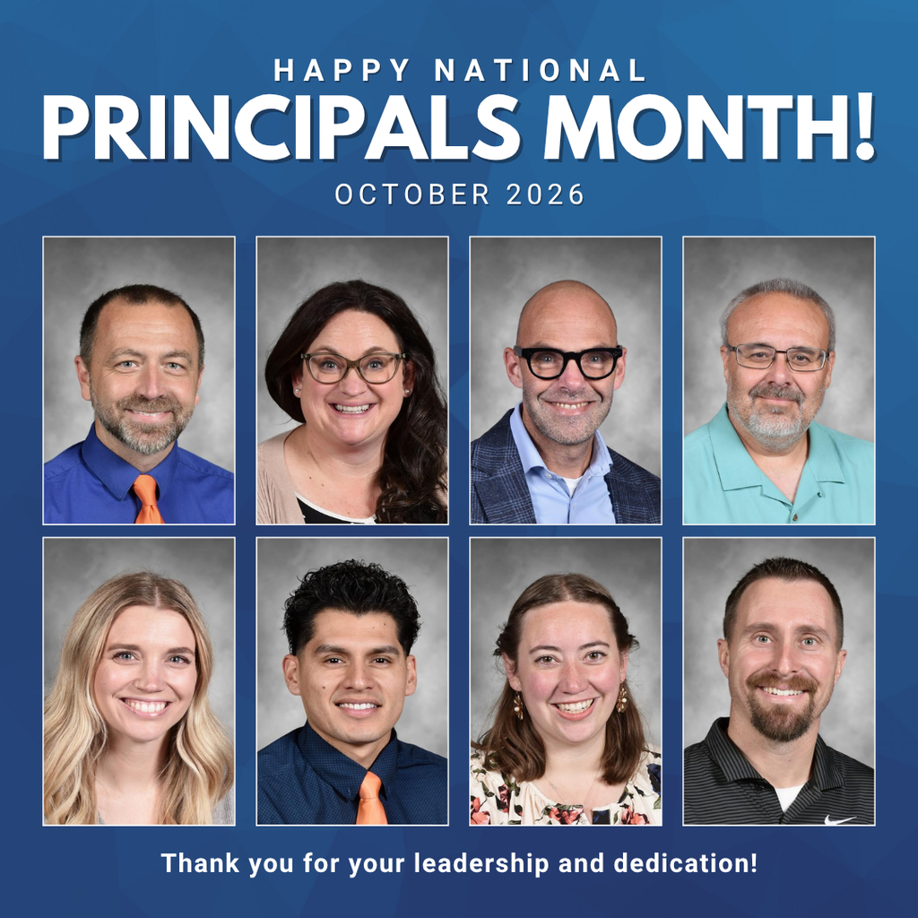 Graphic celebrating National Principals Month in October 2026. The graphic features a blue geometric background with large white text at the top reading, “Happy National Principals Month! October 2026.” Below are eight staff headshots arranged in two rows of four. The bottom of the graphic reads, “Thank you for your leadership and dedication!”