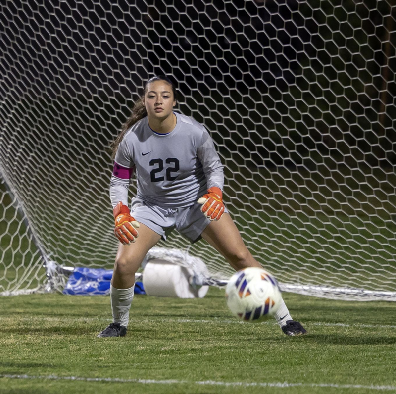 Photo by Kathy Aney Umatilla goalkeeper Rylee Sanchez watches an Echo shot on goal go wide on Nov. 4, 2025, during a state playoff game in Umatilla. The Vikings won the game 3-2.