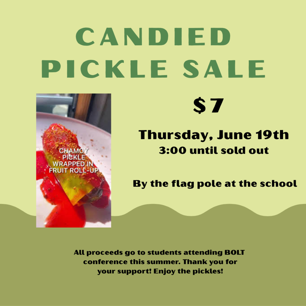 Candied Pickles For Sale!!!  All proceeds will go towards the students who are attending the B.O.L.T. leadership conference.  Thank you for your support.