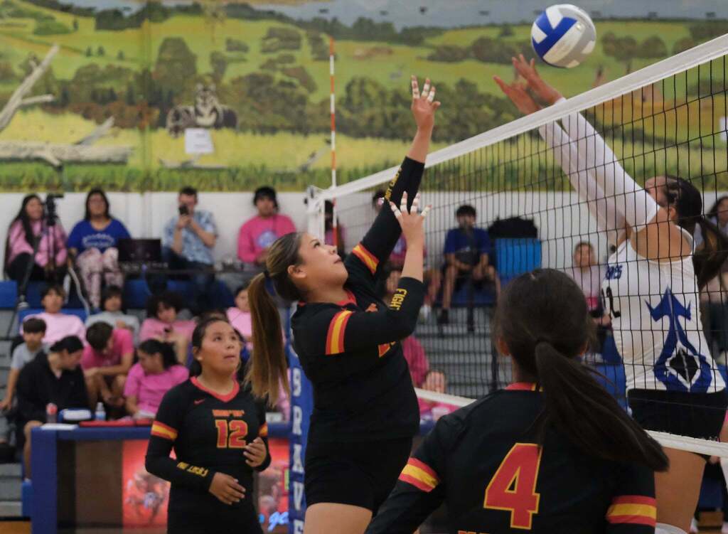 Tip at the net: A Nation player with a ponytail reaches with taped fingers to tip the ball as a Lady Braves blocker in white extends over the net. Nation’s numbers 12 and 4 watch, and fans in pink sit in the stands behind them.