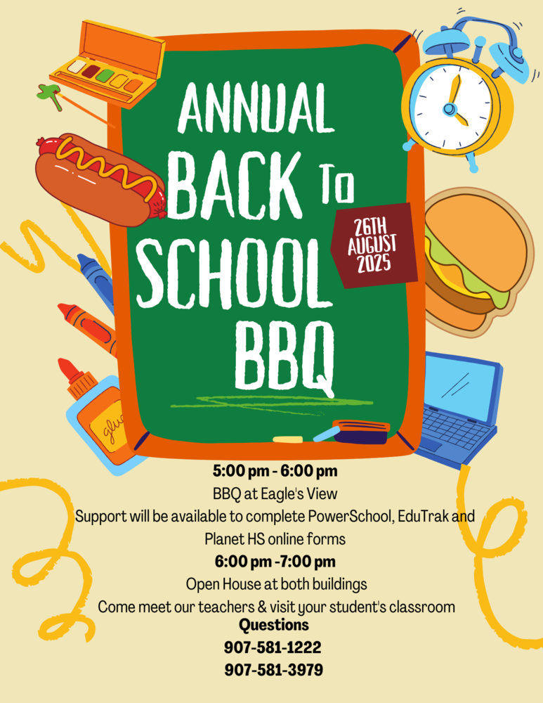 Back to School Barbeque and Open House Aug. 26th 5-7 pm. BBQ is at EVE.