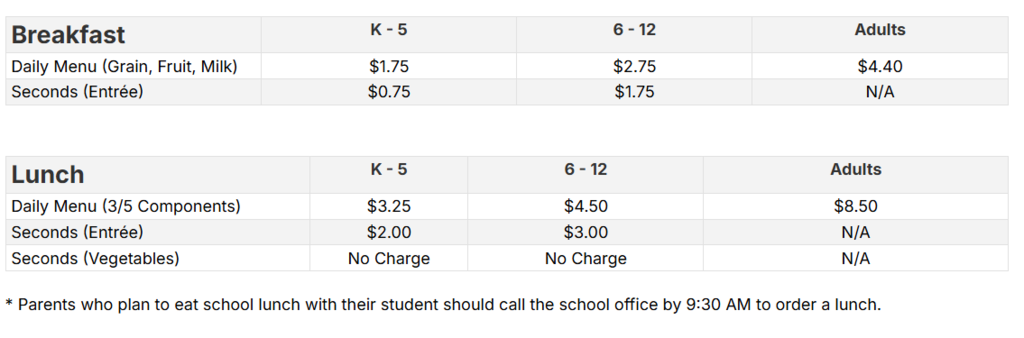 2025-26 fall meal prices