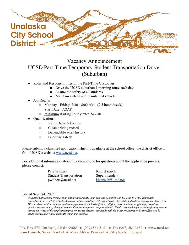 student transportation driver job posting.  Open until filled.