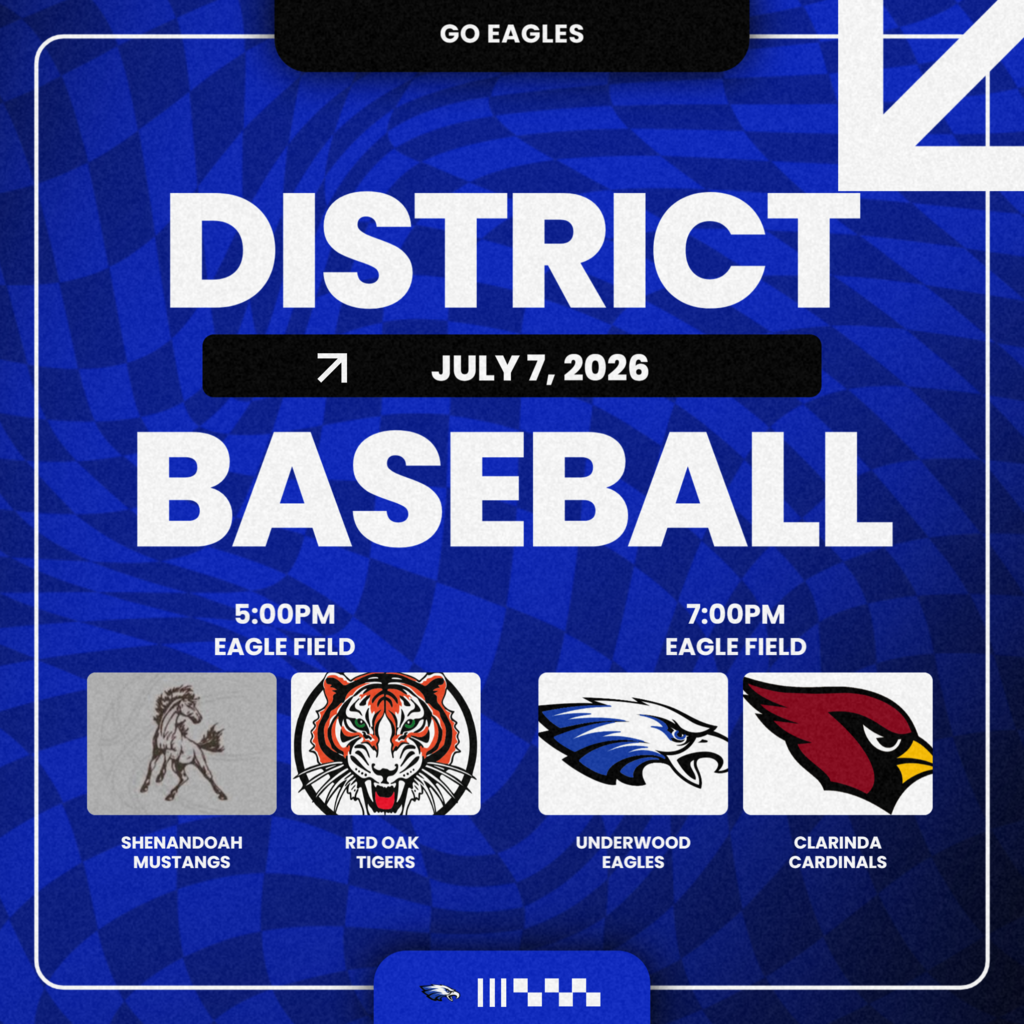 Graphic for district baseball double header. 5pm Shenandoah vs Red Oak and 7pm Underwood vs Clarinda.